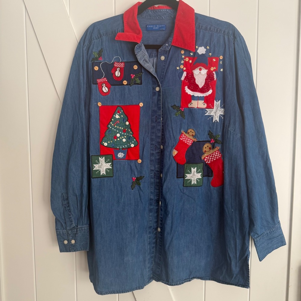 Vintage Chambray Denim Christmas Shirt Women's 1X Kitschy Novelty Ugly XMas